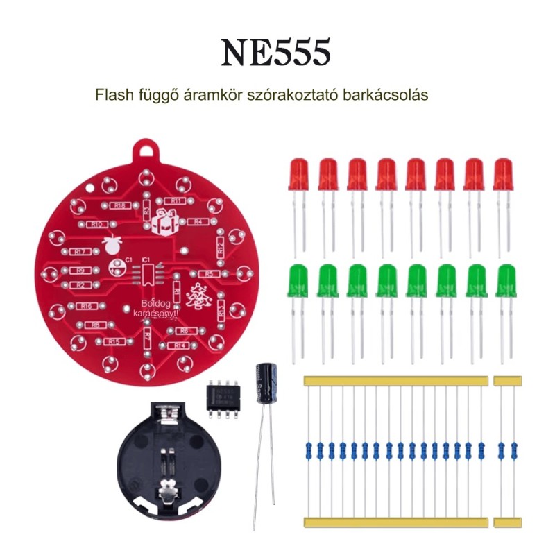 NE555 LED Karácsonyfa Dekoráció - Piros és Zöld Villogó LED Barkács Készlet