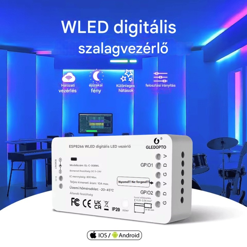 WiFi-s WLED digitális LED szalagvezérlő (DC5-24V, RGB/RGBW szalagokhoz, akár 800 LED-hez, DIY támogatással)